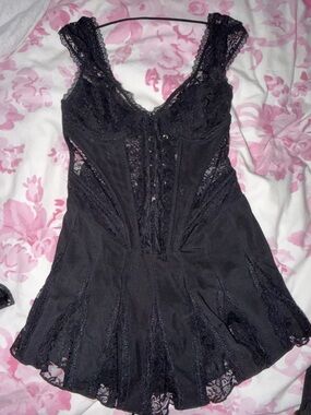 Outcast Mini Lace Trim Black Chemise Dress - Women